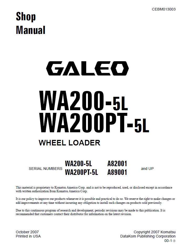 Komatsu Galeo WA200-5L WA200PT-5L Shop Manual CEBM013003