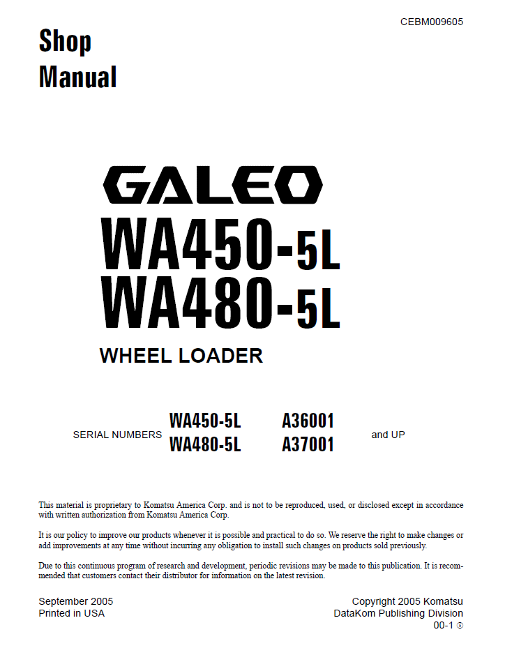 Komatsu Galeo WA450-5L WA480-5L Shop Manual CEBM009605 PDF