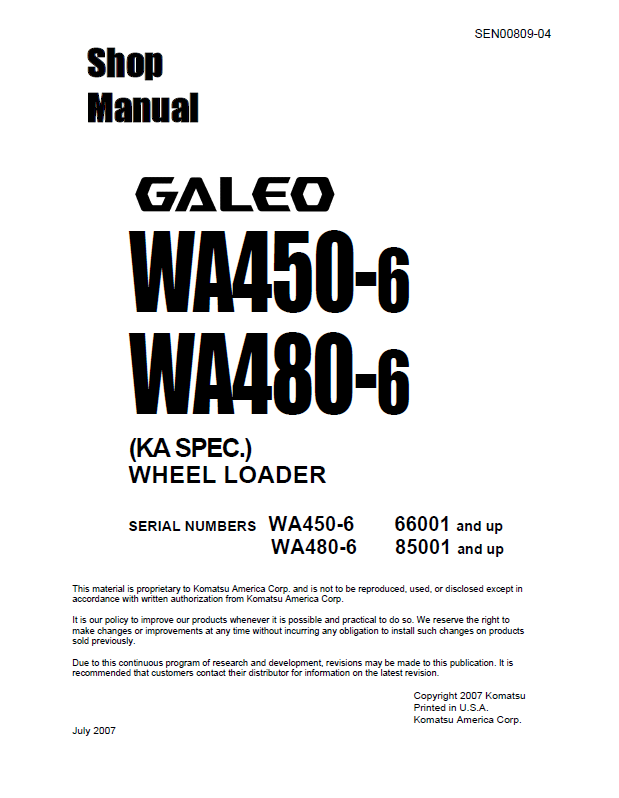 Komatsu Galeo WA450-6 WA480-6 Wheel Loader SEN00809-04D Manual