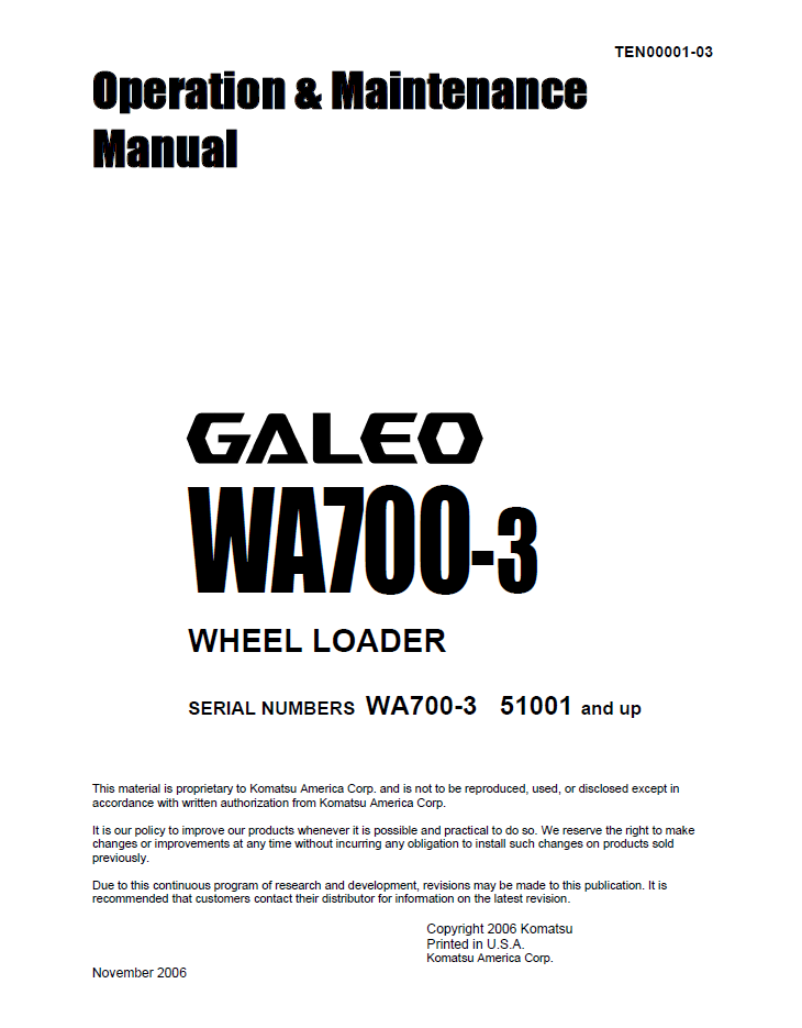 Komatsu Galeo WA700-3 Wheel Loader Manual TEN00001-03D PDF