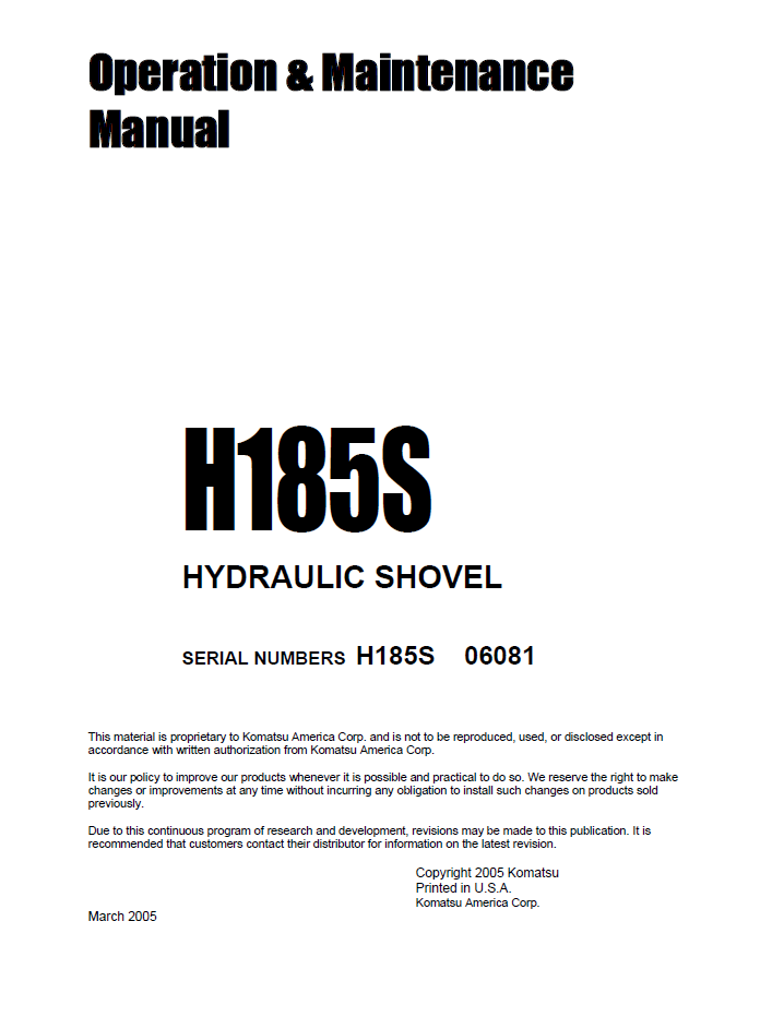 Komatsu H185S Hydraulic Shovel Operation & Maintenance Manual H185S06081OMM PDF
