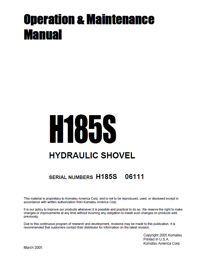 Komatsu H185S Hydraulic Shovel Operation & Maintenance Manual H185S06111OMM