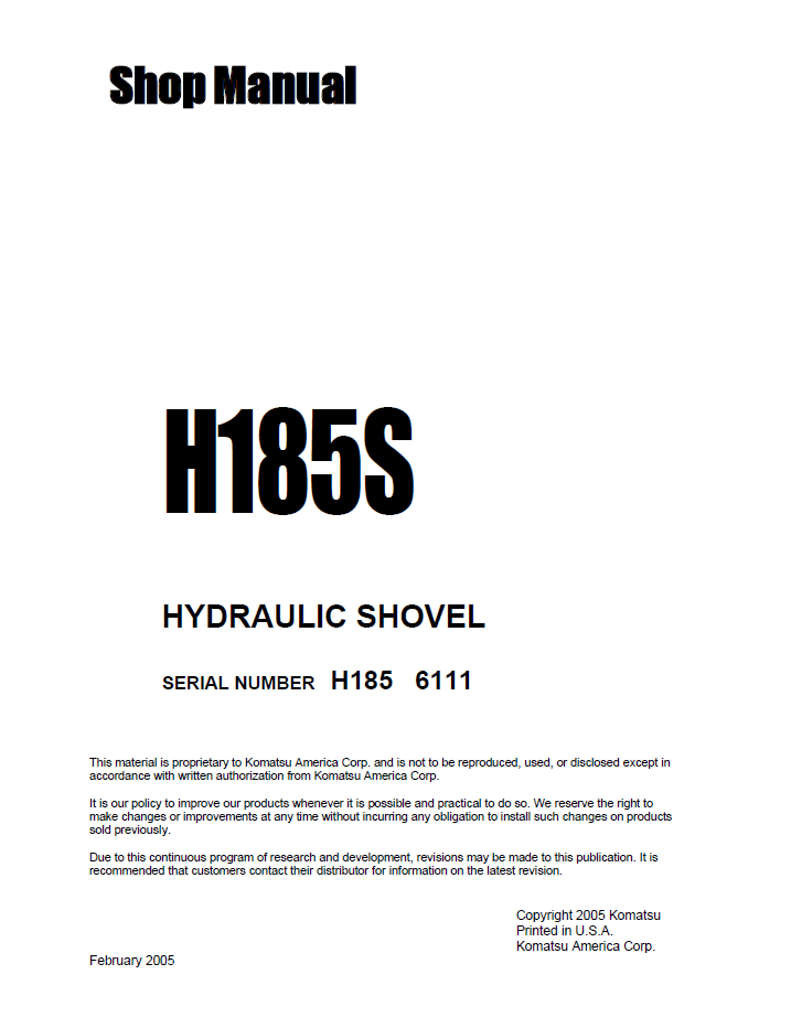 Komatsu H185S Mining Shovel Shop Manual H185S06111SM