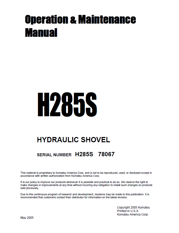 Komatsu H285S Hydraulic Shovel Operation & Maintenance Manual H285S78067OMM
