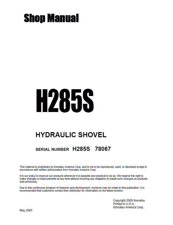 Komatsu H285S Hydraulic Shovel Shop Manual H285S78067SM