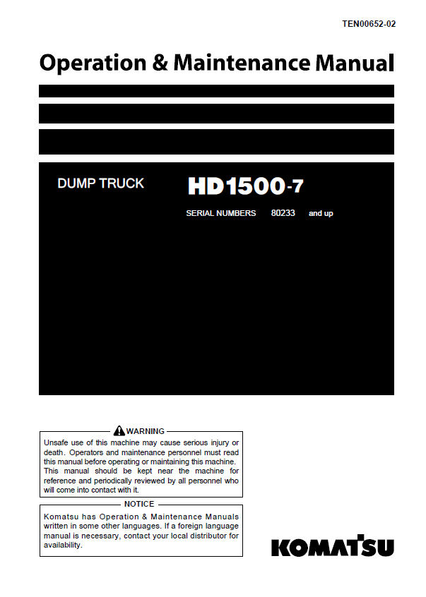 Komatsu HD1500-7 Dump Truck Operation & Maintenance Manual PDF