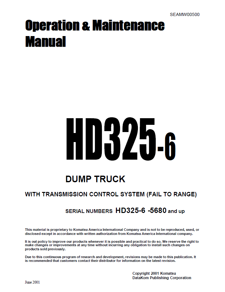 Komatsu HD325-6 Dump Truck Operation & Maintenance Manual (SEADW00500)