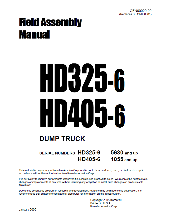 Komatsu HD325-6 & HD405-6 Field Assembly Manual GEN00020-00 PDF