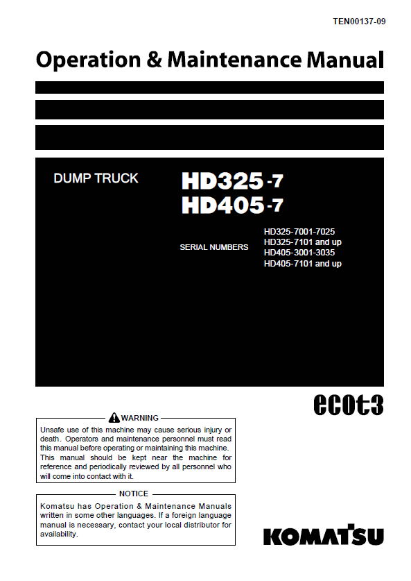 Komatsu HD325-7 & HD405-7 Dump Truck Operation & Maintenance Manual PDF