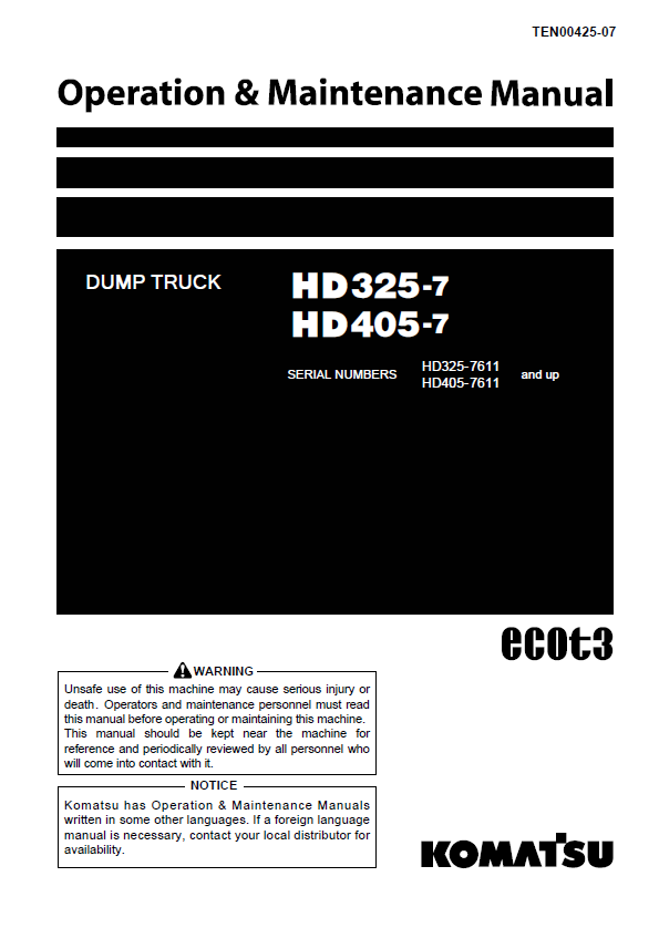 Komatsu HD325-7, HD405-7 Dump Truck Operation & Maintenance Manual PDF