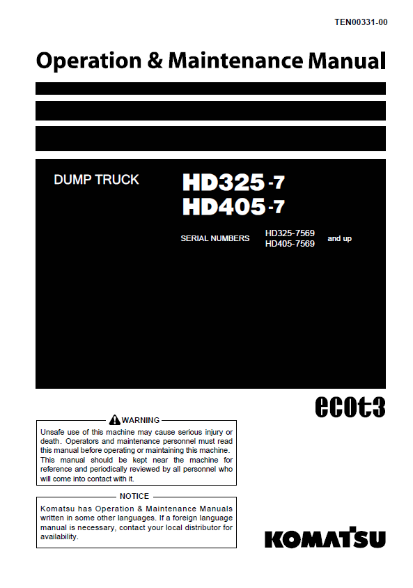 Komatsu HD325-7, HD405-7 Dump Truck Operation & Maintenance Manual PDF
