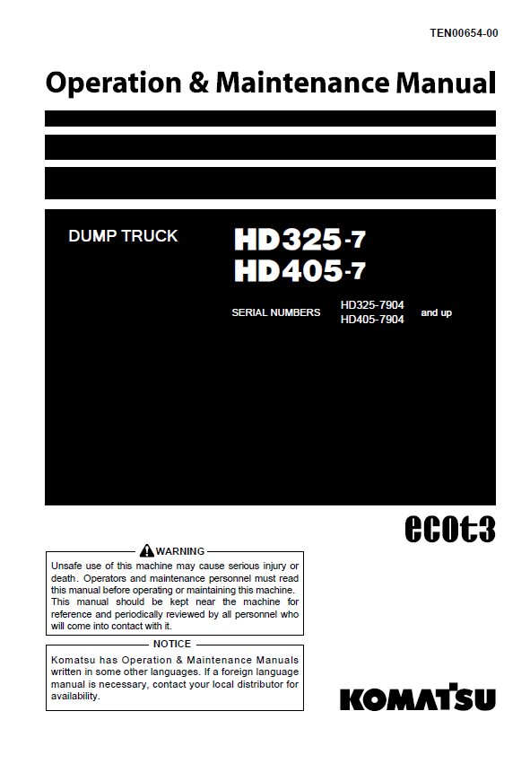 Komatsu HD325-7, HD405-7 Dump Truck Operation & Maintenance Manual PDF