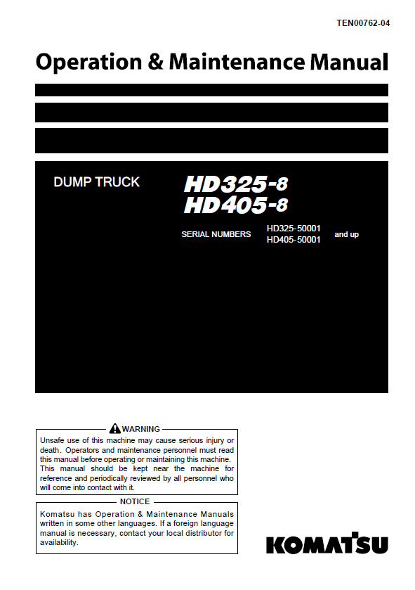 Komatsu HD325-8 HD405-8 Dump Truck Operation & Maintenance Manual (TEN00762-04)