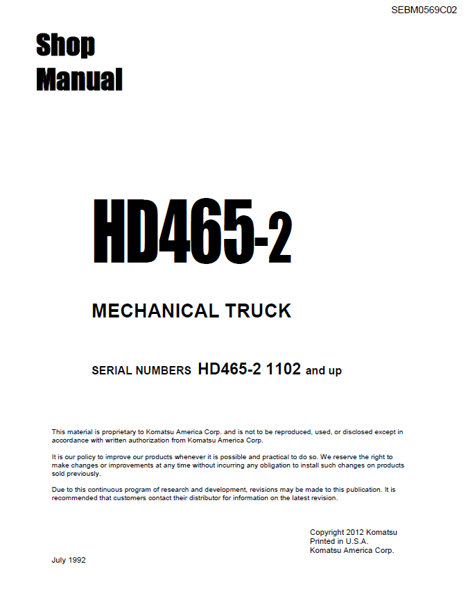Komatsu HD465-2 Mechanical Truck Shop Manual SEBM0569C02