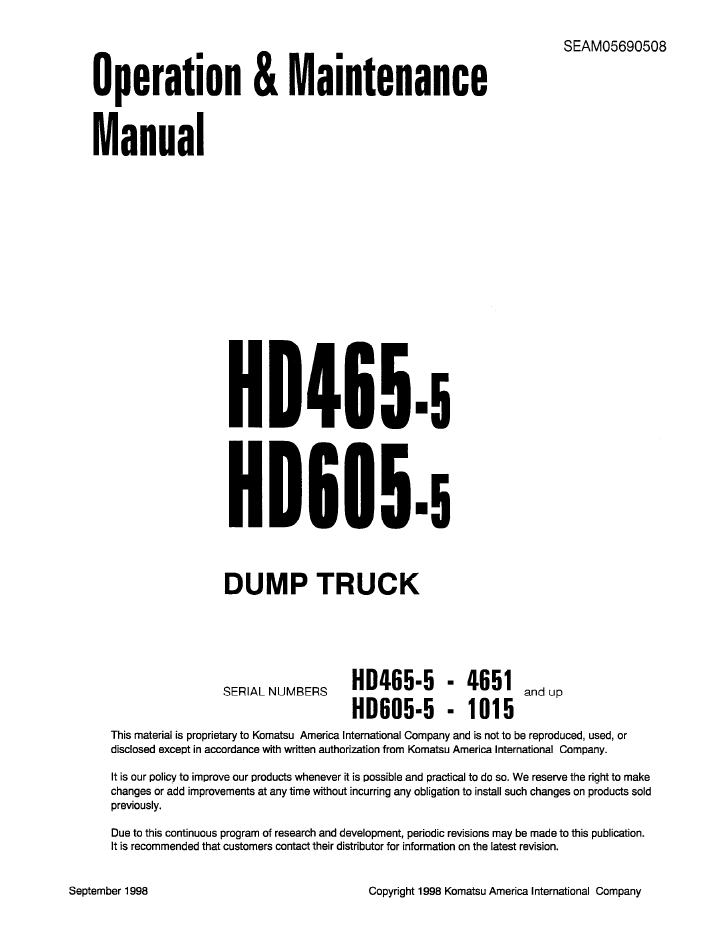 Komatsu HD465-5 & HD605-5 Dump Truck Operation & Maintenance Manual SEAD05690508 PDF