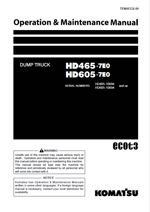 Komatsu HD465-7E0 & HD605-7E0 Dump Truck Operation & Maintenance Manual PDF