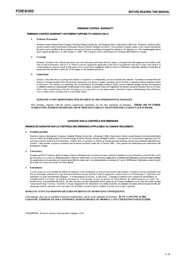 Komatsu HD465-7E0 & HD605-7E0 Operation and Maintenance Manual