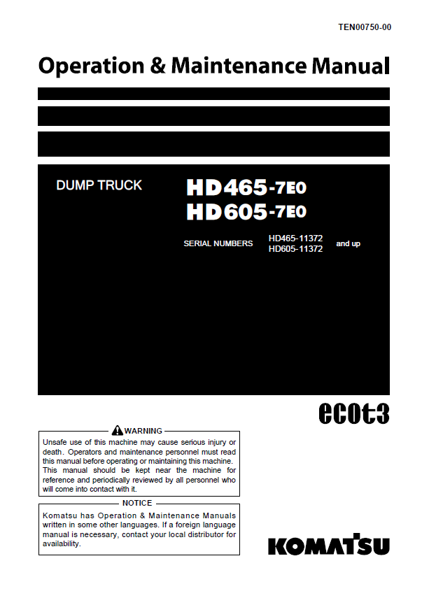 Komatsu HD465-7E0 & HD605-7E0 Dump Truck Operation & Maintenance Manual [PDF]
