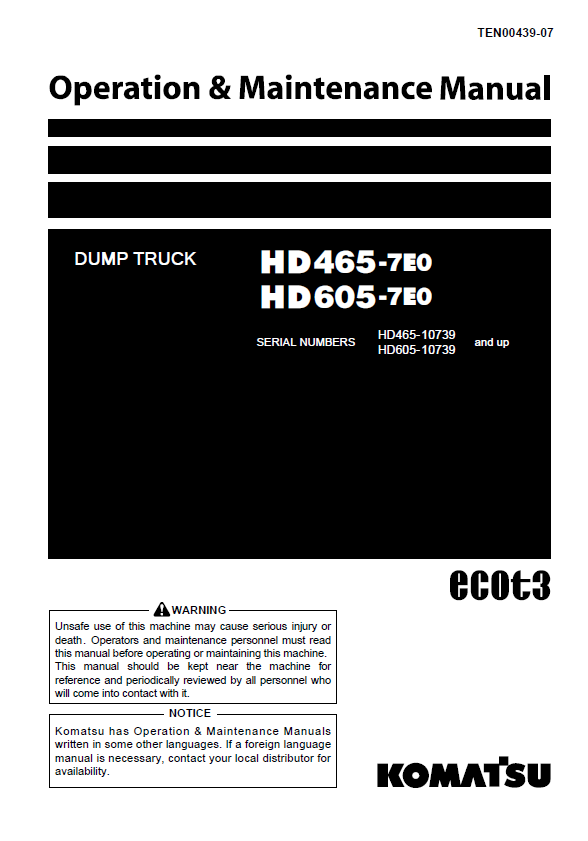 Komatsu HD465-7E0 & HD605-7E0 Dump Truck Operation & Maintenance Manual PDF