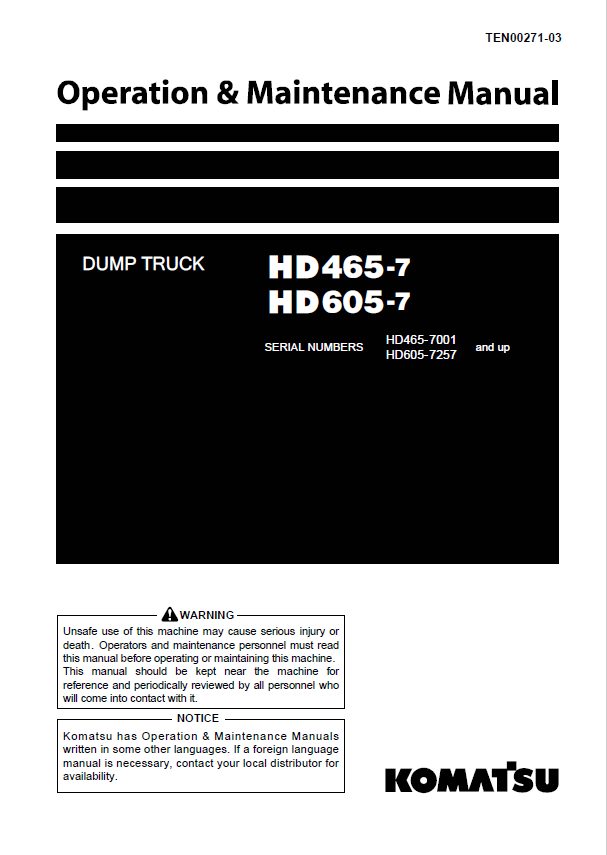 Komatsu HD465-7, HD605-7 Dump Truck Operation & Maintenance Manual PDF