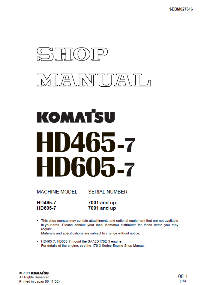 Komatsu HD465-7 HD605-7 Engine Manual SEBM027616 PDF