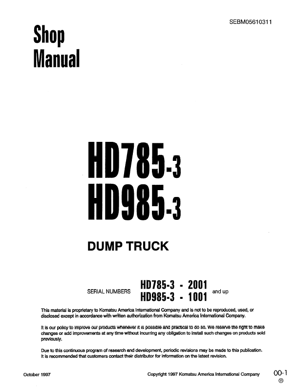 Komatsu HD785-3 HD985-3 Dump Truck Shop Manual SEBD05610311