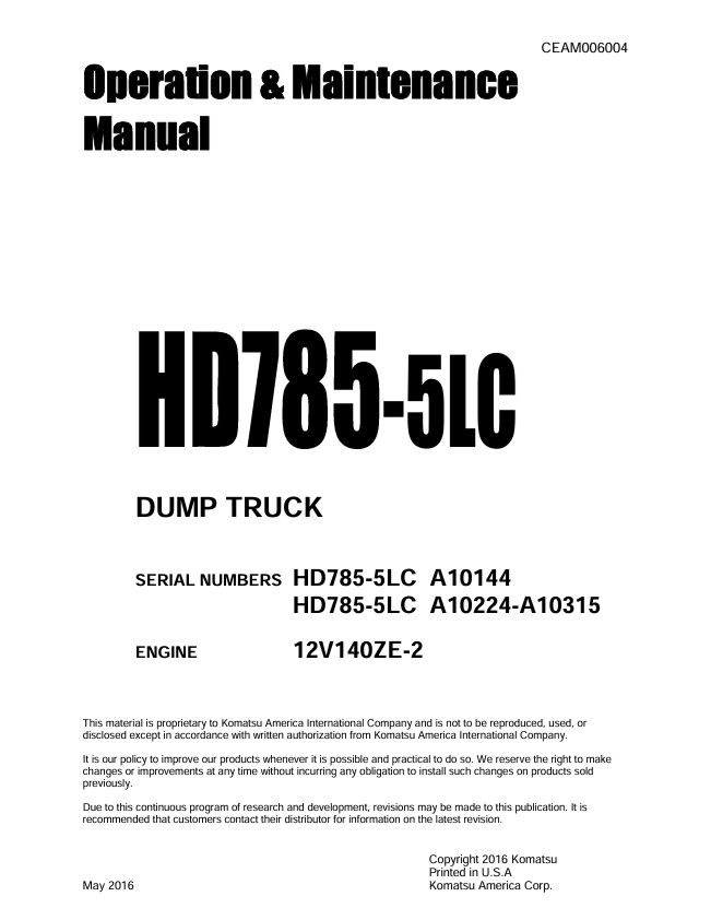 Komatsu HD785-5LC Dump Truck Operation & Maintenance Manual 