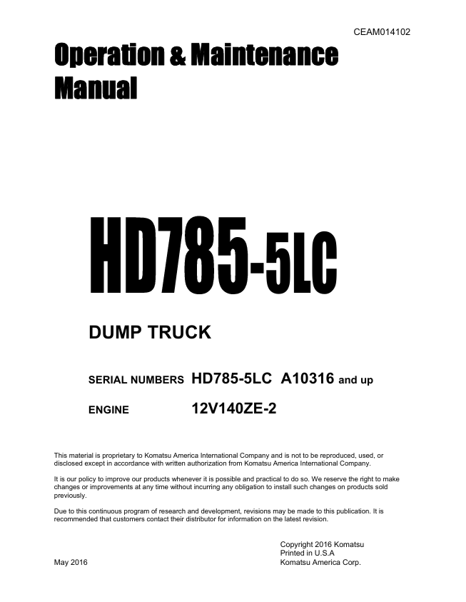 Komatsu HD785-5LC Dump Truck Operation & Maintenance Manual PDF