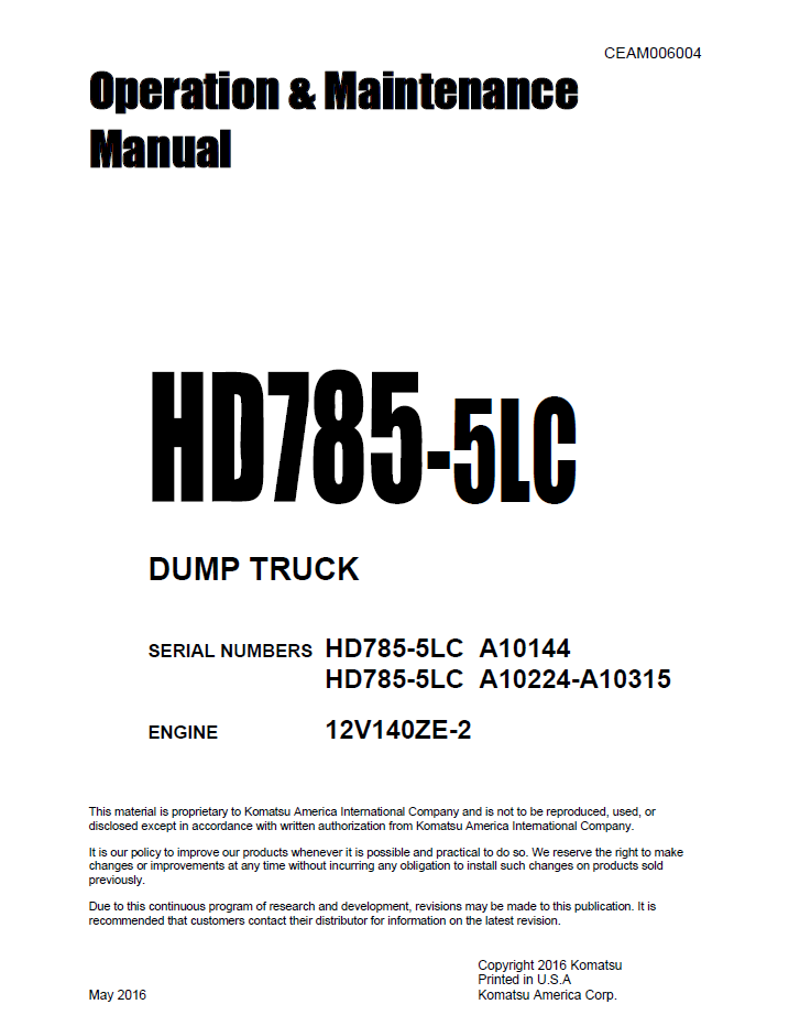 Komatsu HD785-5LC Dump Truck Operation and Maintenance Manual CEAM006004 PDF