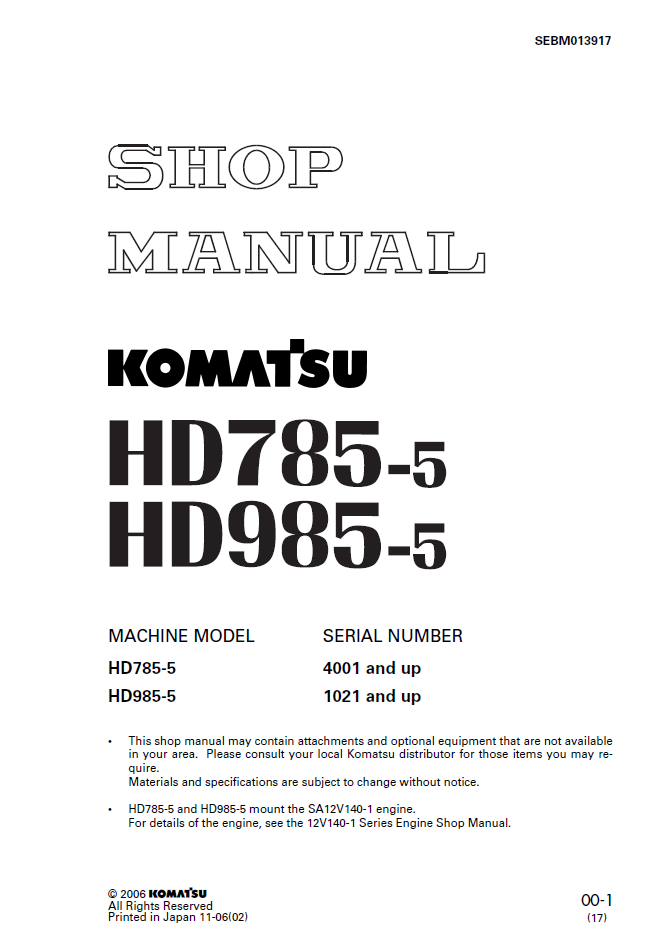 Komatsu HD785-5 HD985-5 Engine Shop Manual SEBM013917 PDF