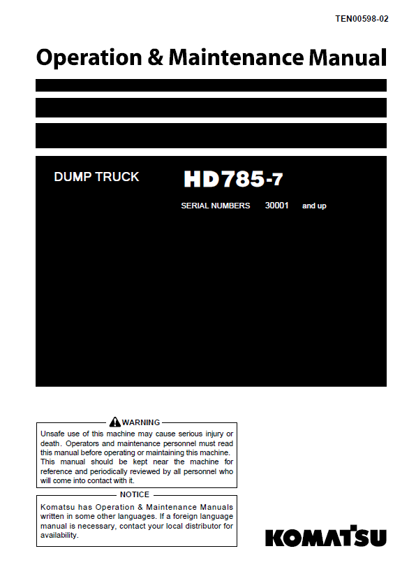 Komatsu HD785-7 Dump Truck Operation & Maintenance Manual PDF