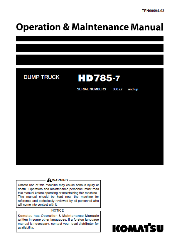 Komatsu HD785-7 Dump Truck Operation & Maintenance Manual (PDF)