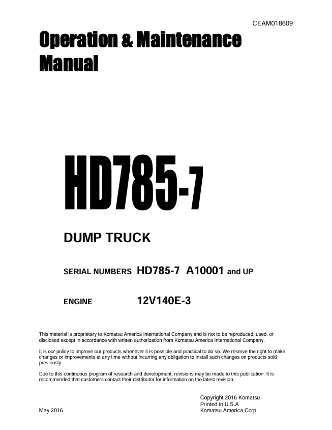 Komatsu HD785-7 Dump Truck Operation & Maintenance Manual PDF