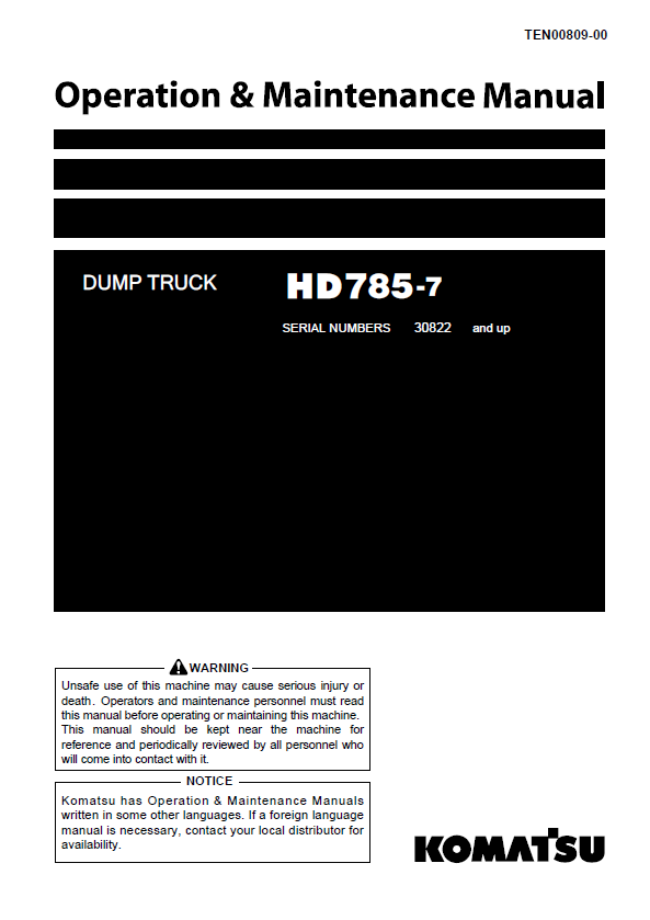 Komatsu HD785-7 Dump Truck Operation & Maintenance Manual PDF