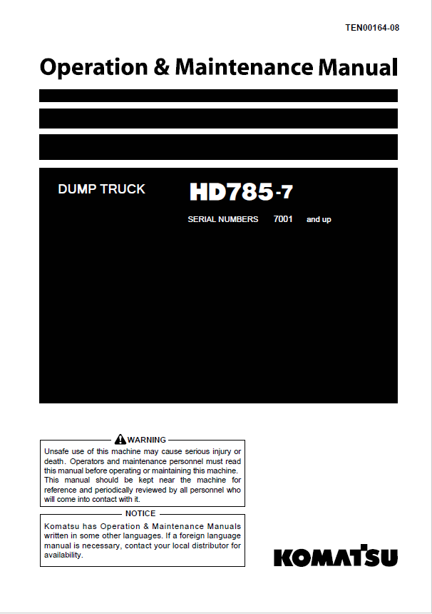 Komatsu HD785-7 Dump Truck Operation & Maintenance Manual PDF