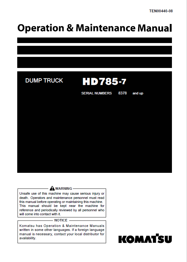 Komatsu HD785-7 Dump Truck Operation & Maintenance Manual PDF