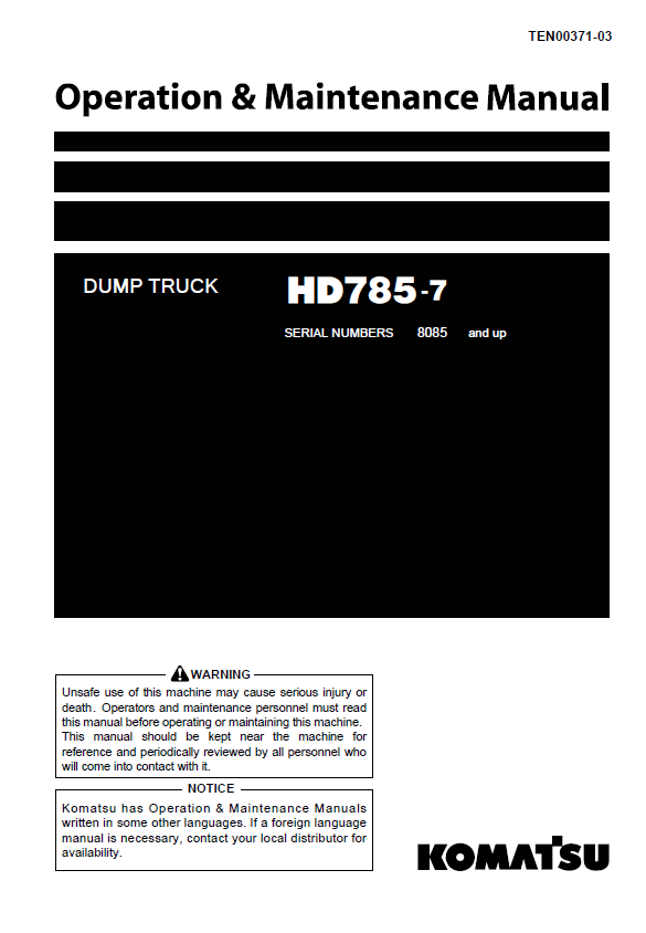 Komatsu HD785-7 Dump Truck Operation & Maintenance Manual PDF