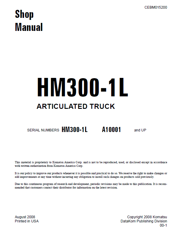 Komatsu HM300-1L Articulated Truck Shop Manual CEBM015200