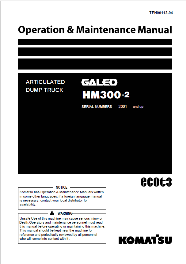 Komatsu HM300-2 Articulated Dump Truck Operation & Maintenance Manual PDF