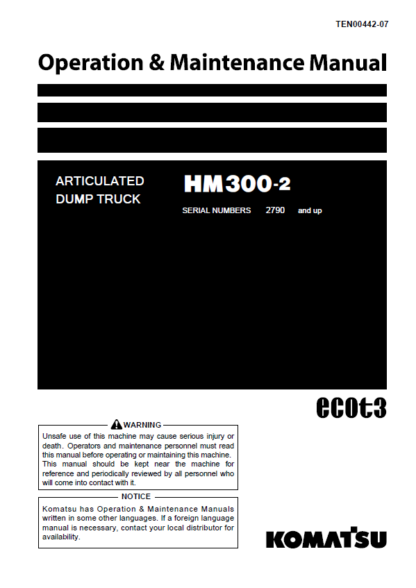 Komatsu HM300-2 Articulated Dump Truck Operation & Maintenance Manual PDF
