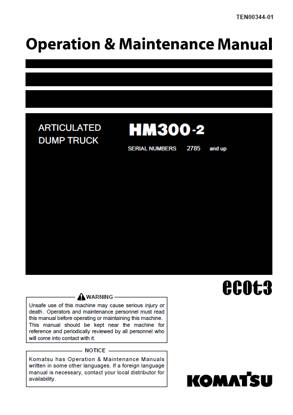 Komatsu HM300-2 Articulated Dump Truck Operation & Maintenance Manual PDF