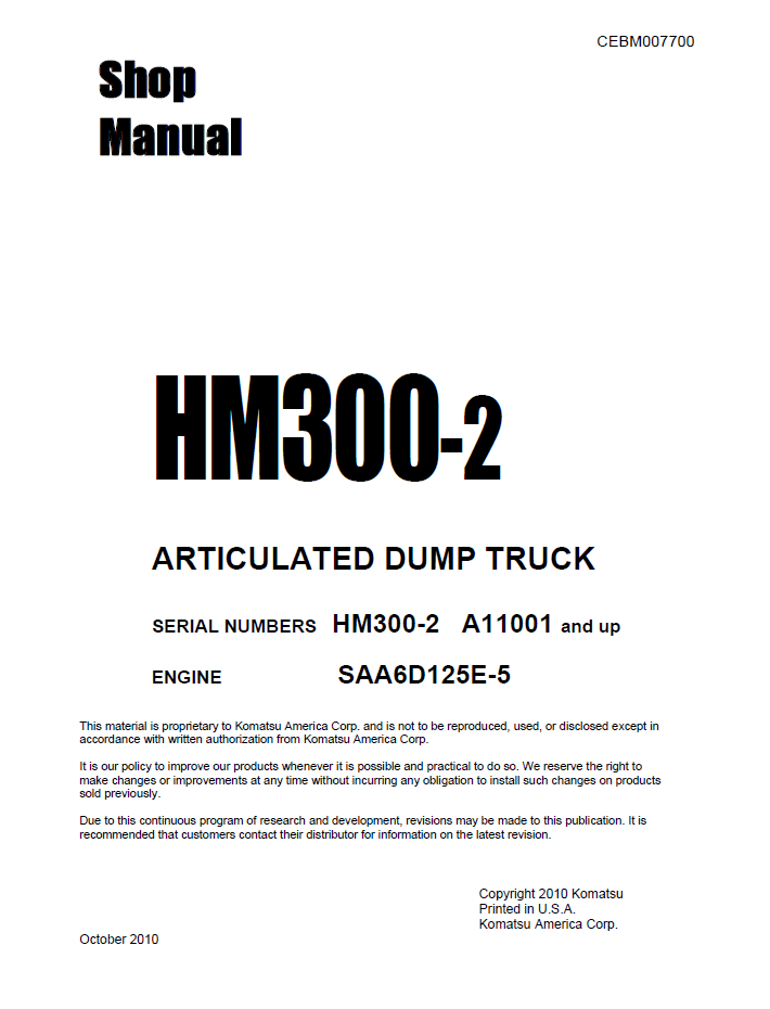 Komatsu HM300-2 Repair Manual CEBM007700 PDF