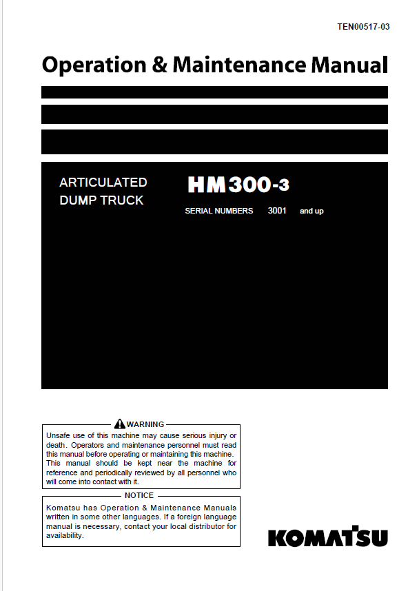 Komatsu HM300-3 Articulated Dump Truck Operation & Maintenance Manual PDF