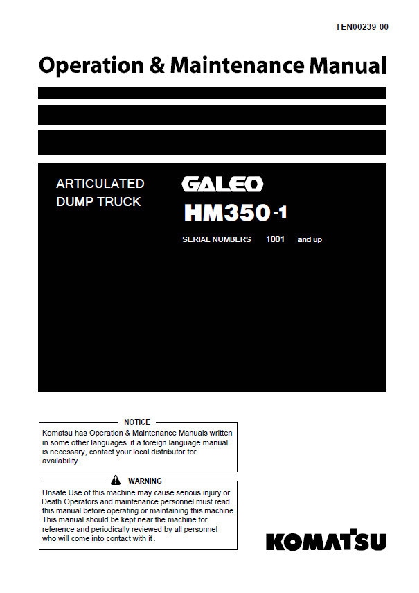 Komatsu HM350-1 Articulated Dump Truck Operation & Maintenance Manual PDF