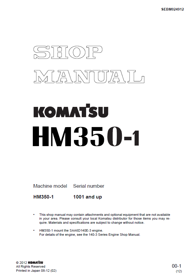 Komatsu HM350-1 Engine Shop Manual SEBM024912 PDF
