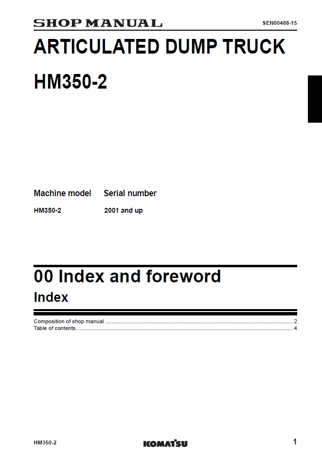 Komatsu HM350-2 Articulated Dump Truck Manual SEN00238-15
