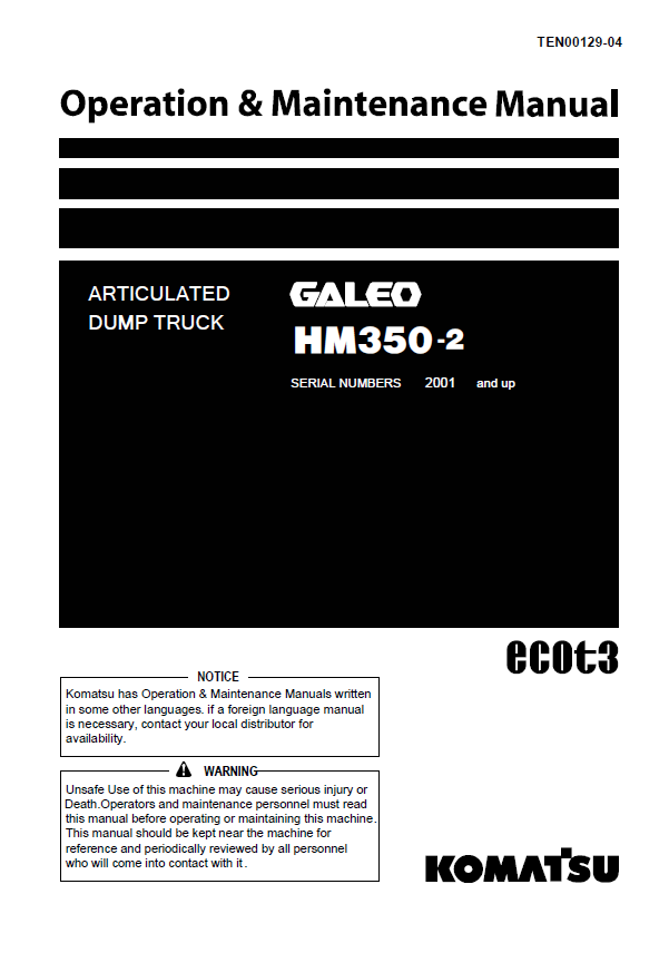 Komatsu HM350-2 Articulated Dump Truck Operation & Maintenance Manual PDF