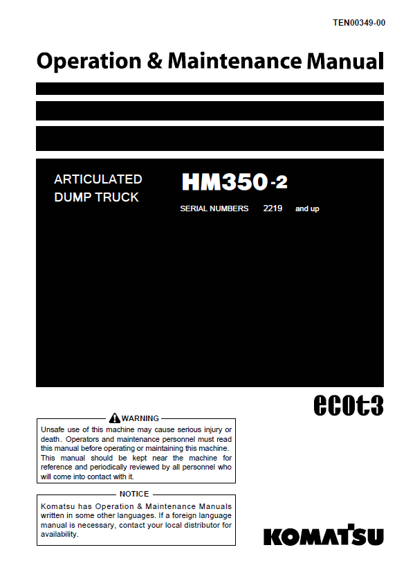 Komatsu HM350-2 Articulated Dump Truck Operation & Maintenance Manual