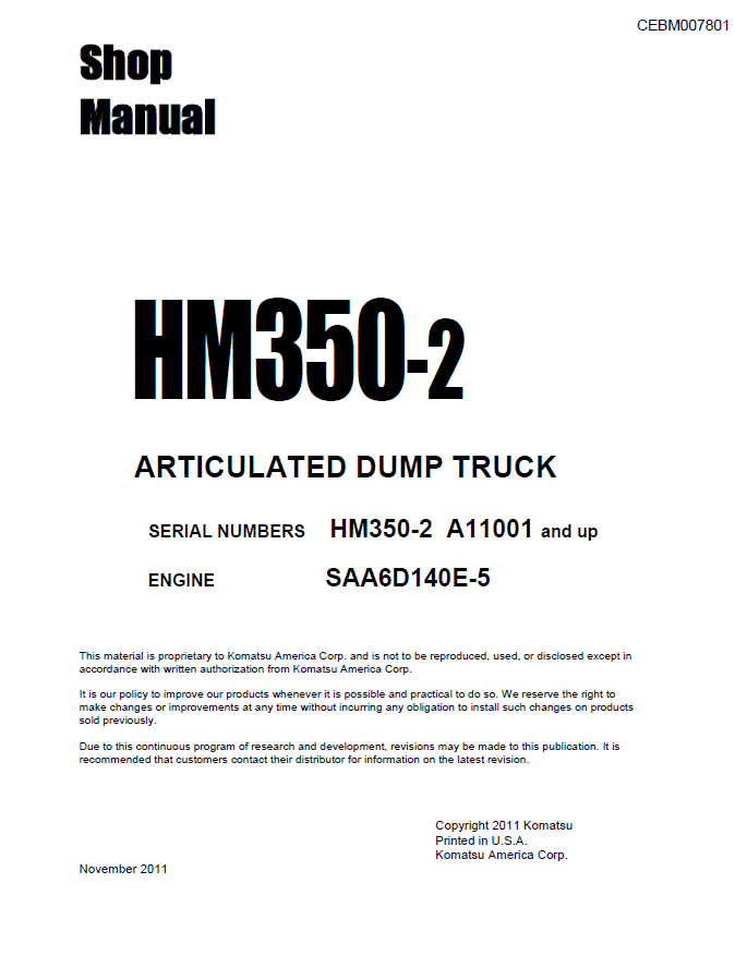 Komatsu HM350-2 Repair Manual CEBM007801 PDF