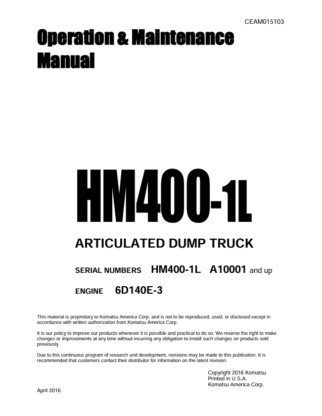 Komatsu HM400-1L Articulated Dump Truck Operation & Maintenance Manual PDF